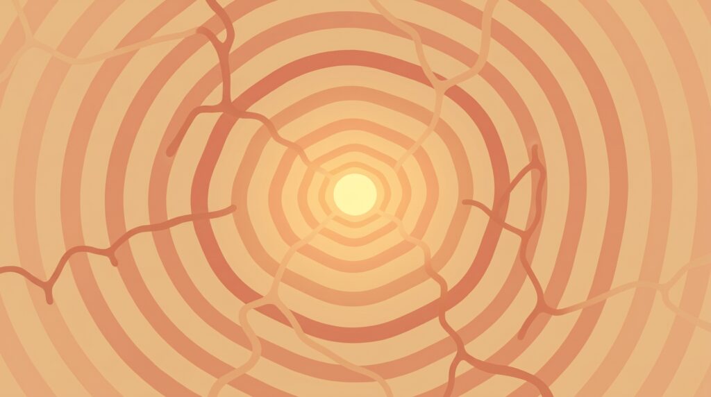 Abstract ripples and branching lines with a golden pulse, illustrating how trauma rewires the brain