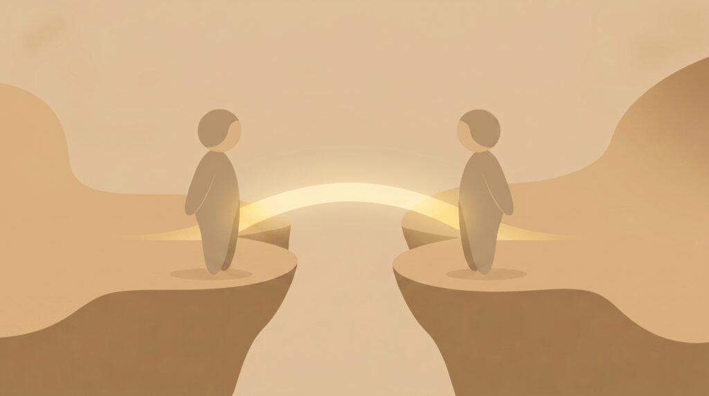 Two figures rejoined by a golden bridge of light, illustrating healing from relationship trauma