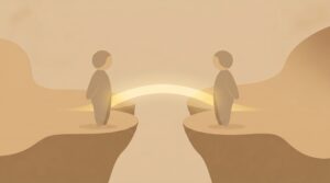 Two figures rejoined by a golden bridge of light, illustrating healing from relationship trauma
