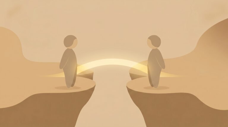 Two figures rejoined by a golden bridge of light, illustrating healing from relationship trauma