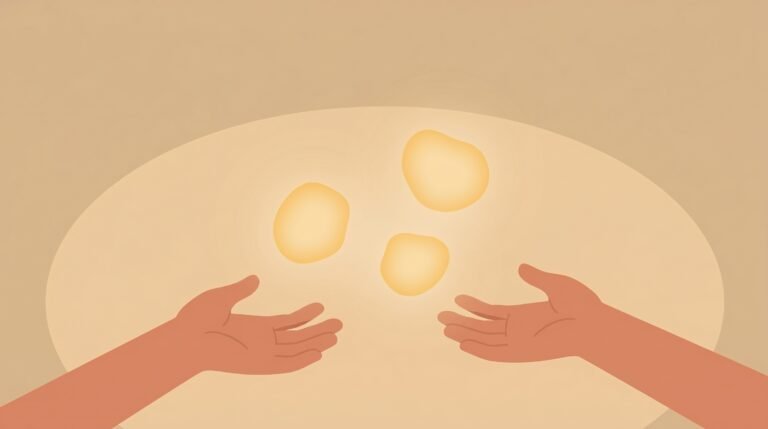 Overhead view of hands passing small glowing shapes, illustrating building connection in everyday life