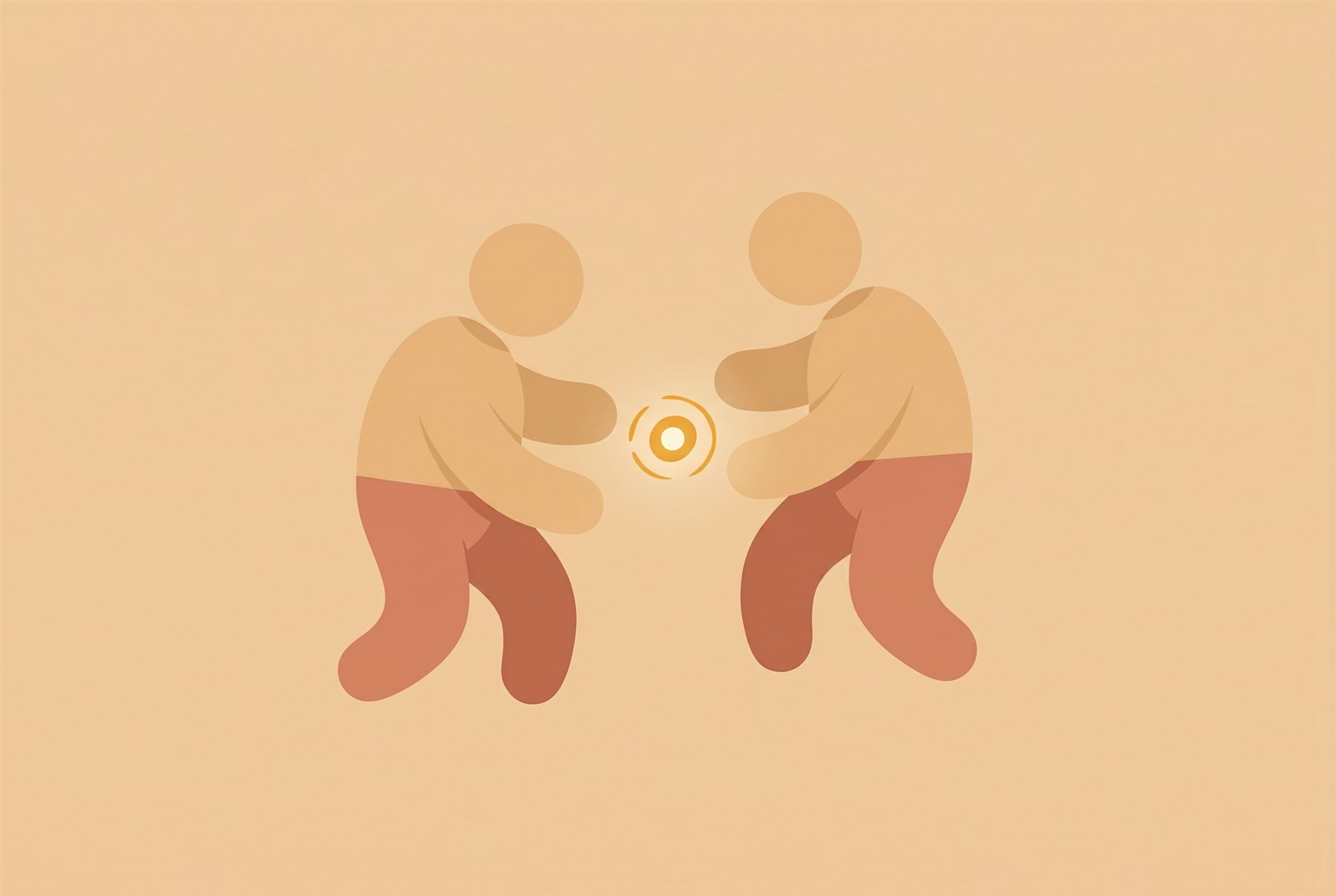 Two figures turning toward each other with a glow between