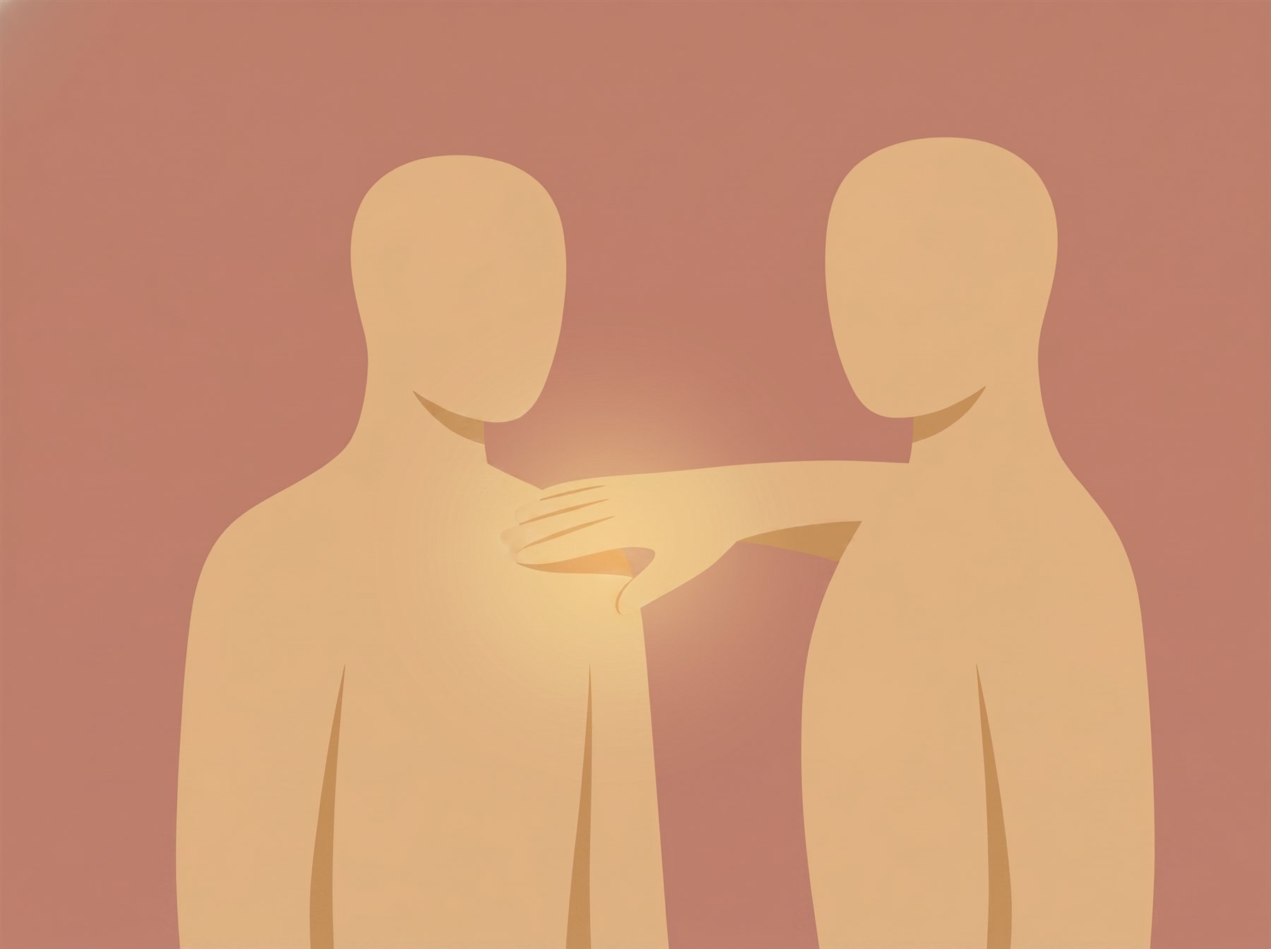 A hand resting on a shoulder with a golden glow at the touch, the power of touch in relationships