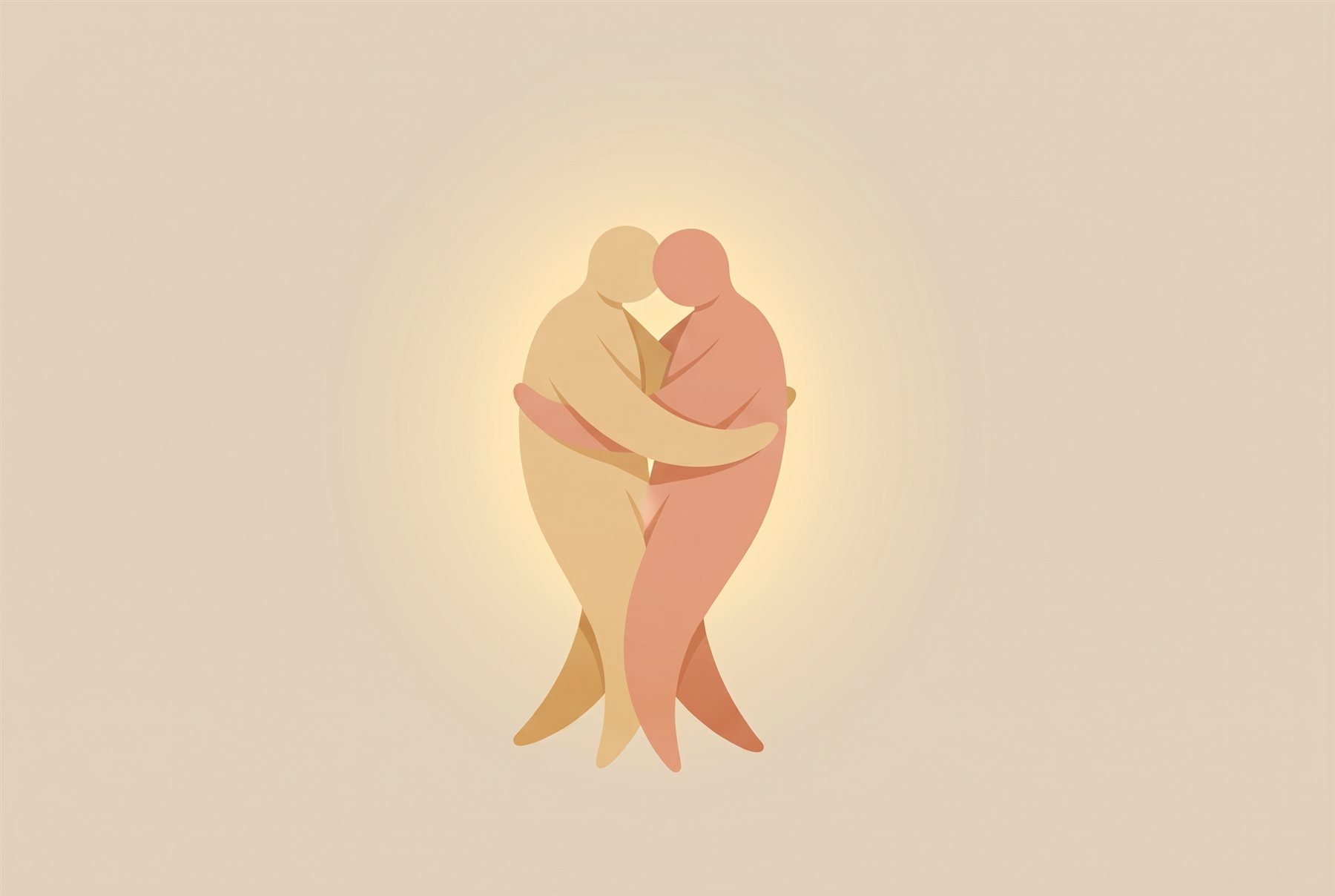 Two figures in a gentle embrace with a soft golden glow