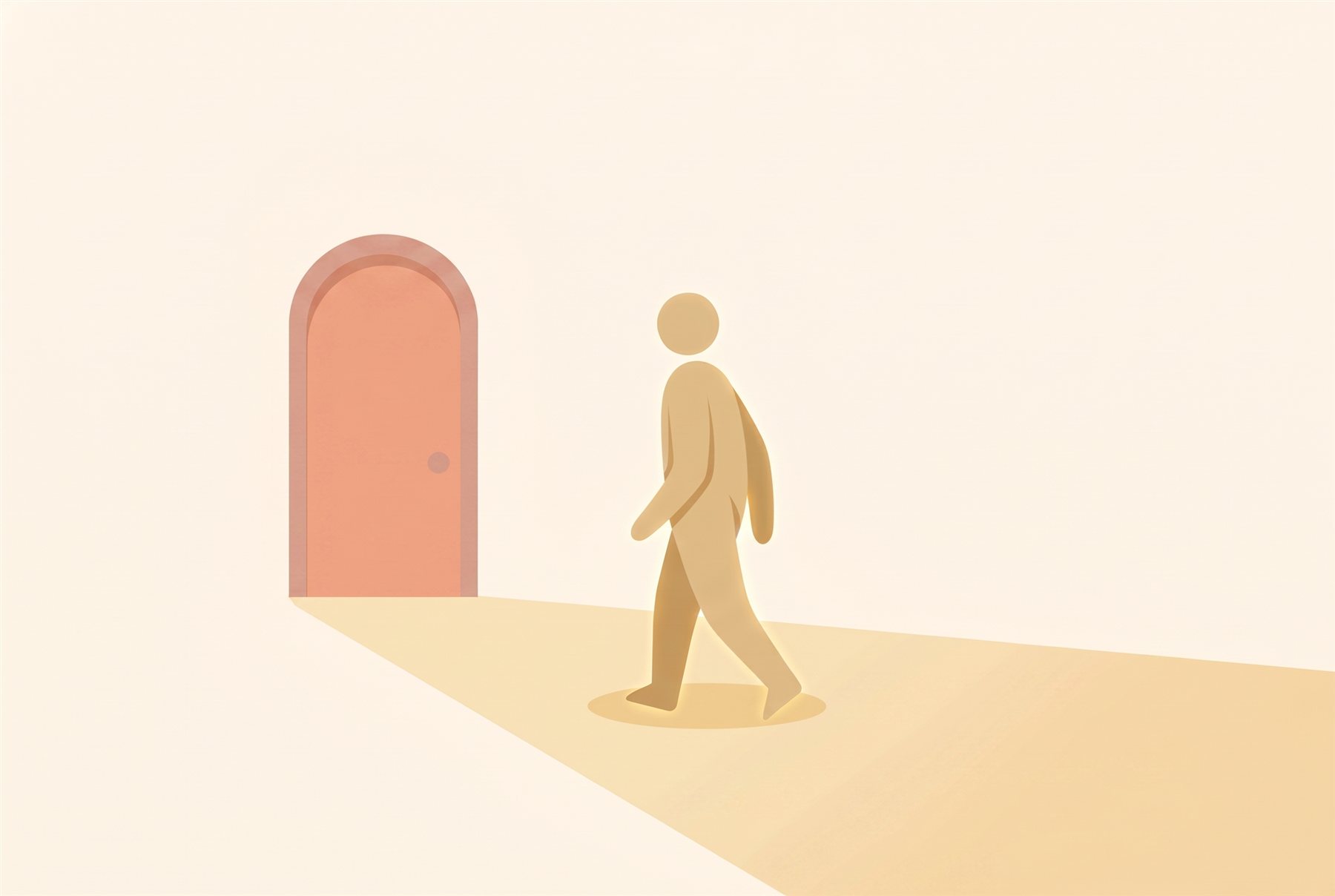 A figure walking away from a closed doorway toward golden light