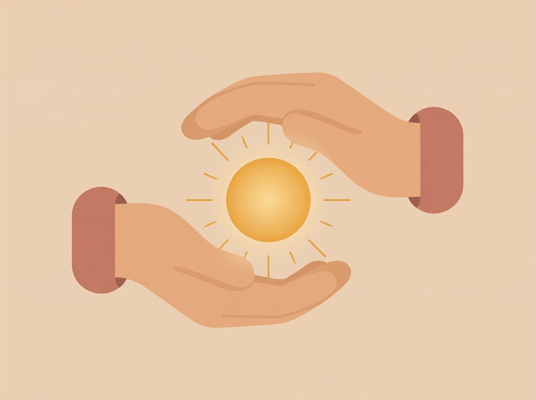 Two hands cradling a small golden light, gentle self-compassion