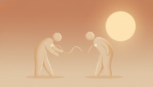 Soft flat illustration of two figures linked by a thread, one reaching and one pulling back, an anxious-avoidant relationship