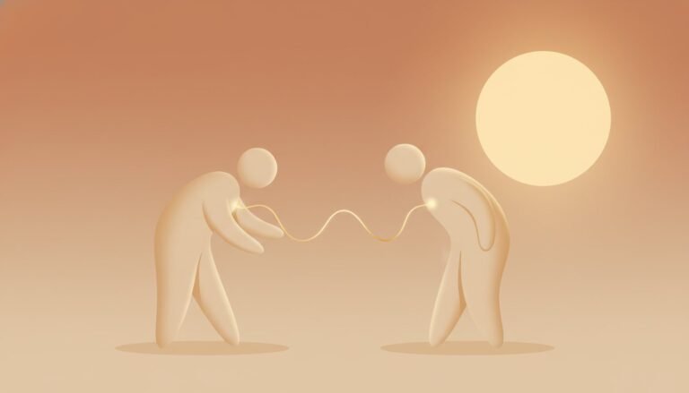 Soft flat illustration of two figures linked by a thread, one reaching and one pulling back, an anxious-avoidant relationship
