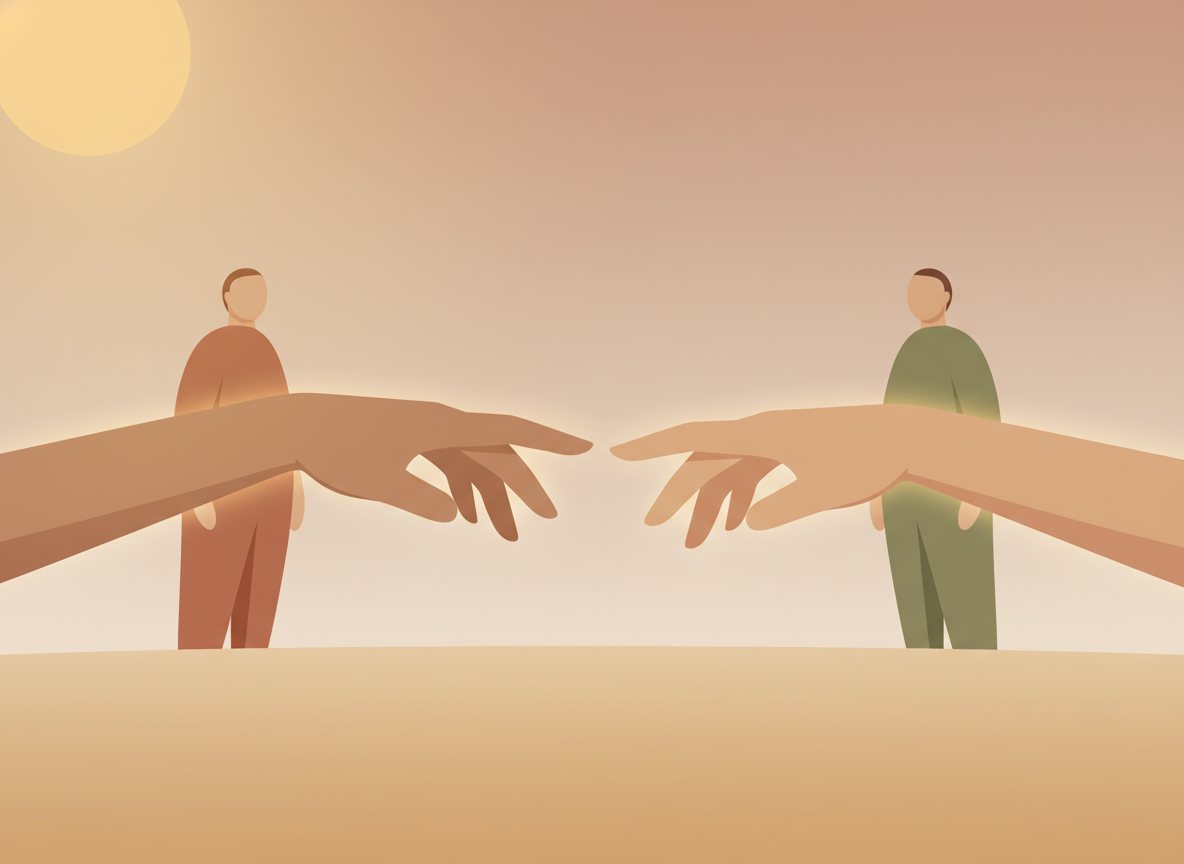 Minimal illustration of two hands reaching across open space, the pull of an anxious-avoidant relationship