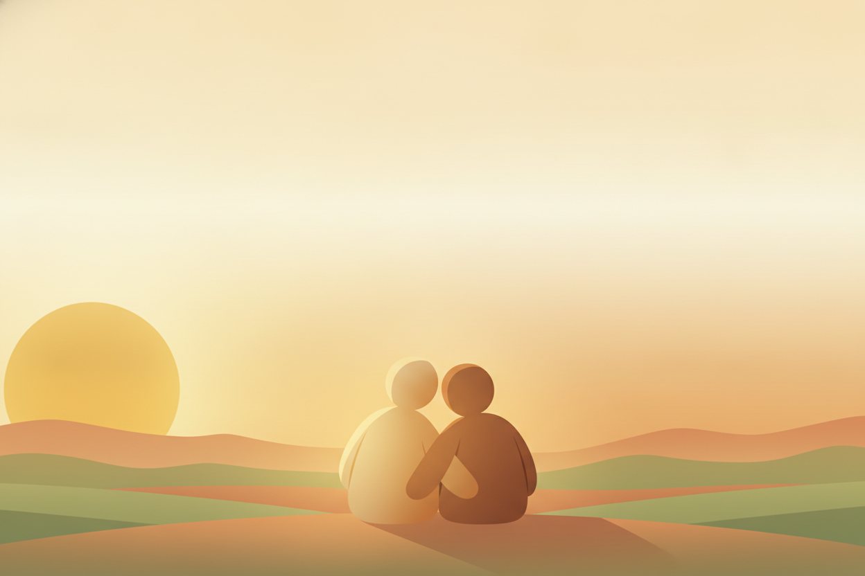 Calm illustration of two figures sitting close together under a wide sky, a secure bond