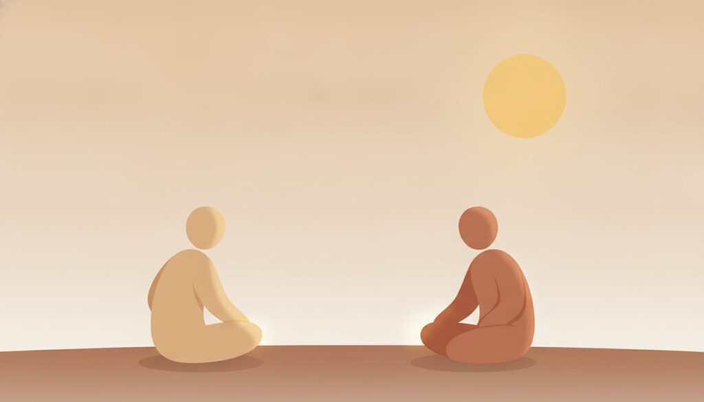 Soft flat illustration of two figures sitting apart under a warm sky, evoking stonewalling in marriage