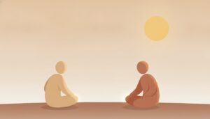 Soft flat illustration of two figures sitting apart under a warm sky, evoking stonewalling in marriage