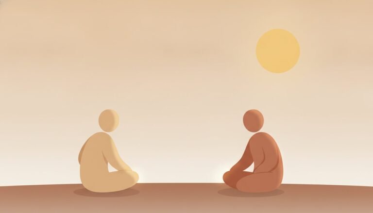 Soft flat illustration of two figures sitting apart under a warm sky, evoking stonewalling in marriage