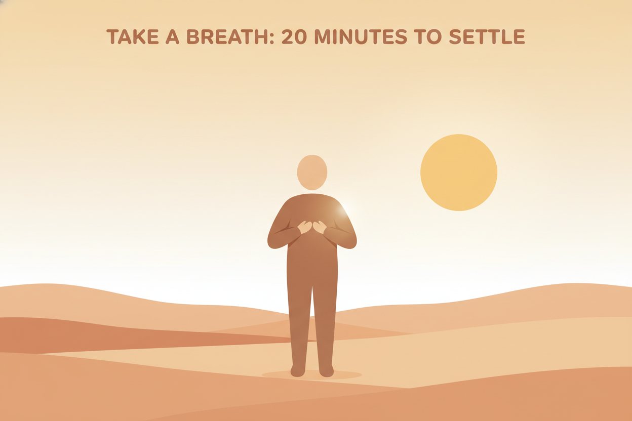 Calm illustration of a person breathing under an open sky during a twenty-minute break