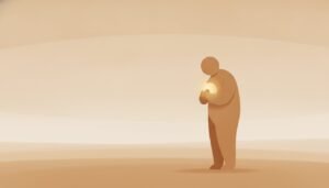A figure gently holding a small warm light close under a wide sky, the watchful devotion of an anxious attachment style