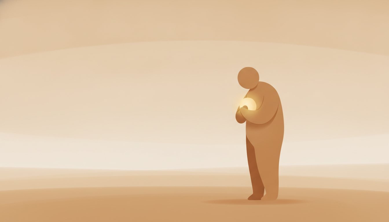 A figure gently holding a small warm light close under a wide sky, the watchful devotion of an anxious attachment style