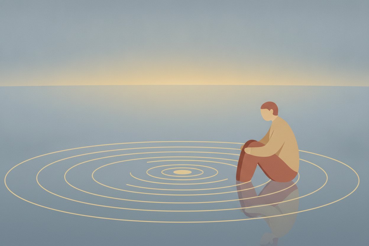 A figure watching ripples spread across still water, waiting on an unanswered message in an anxious attachment relationship