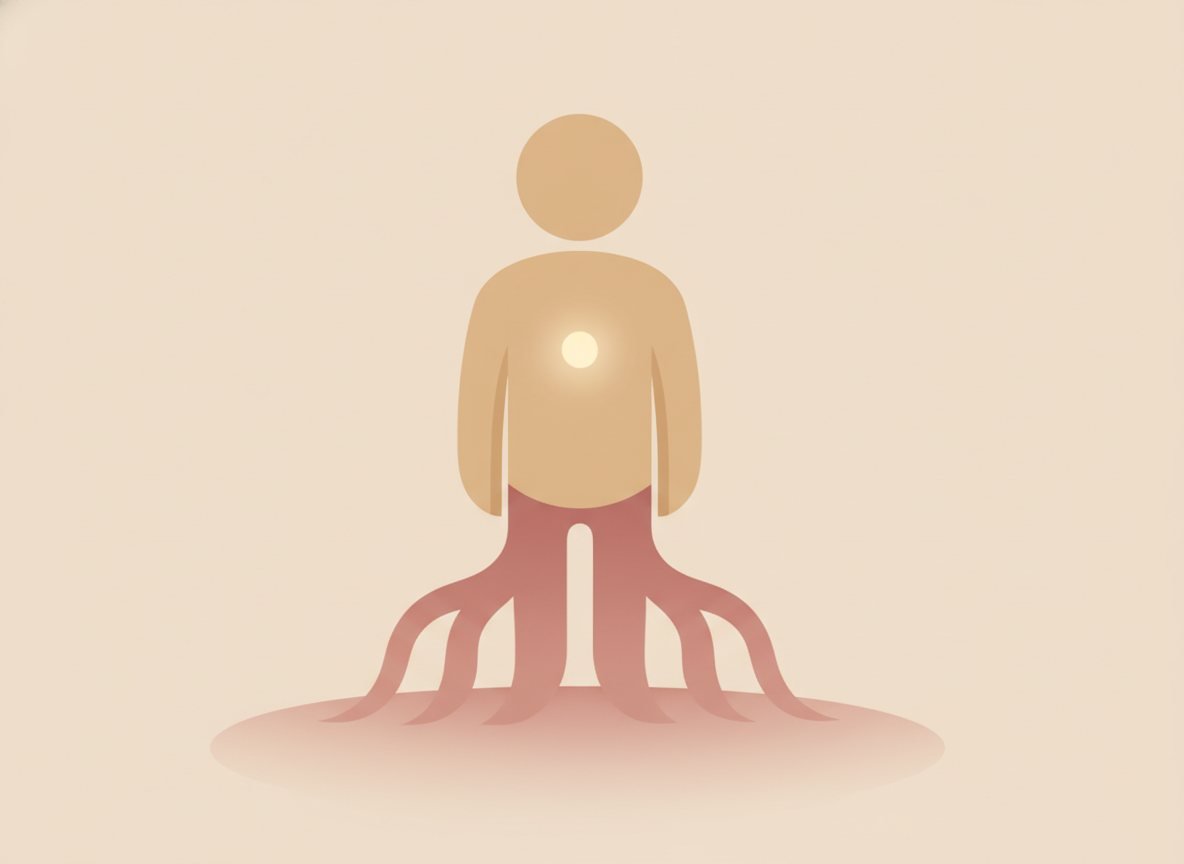 A figure standing steady like a tree with gentle roots and a golden glow at the chest, healing anxious attachment into earned security