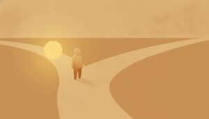 A figure between two golden paths, one leading toward warmth and one leading away, the push and pull of a disorganized attachment style