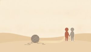Two figures holding hands with a golden thread running to a tangled ball of yarn, facing the problem together with fair fighting rules