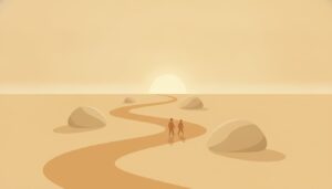 Two figures walking a winding path past four boulders toward a golden sunrise, finding the way past the Gottman four horsemen