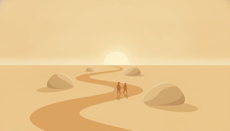 Two figures walking a winding path past four boulders toward a golden sunrise, finding the way past the Gottman four horsemen