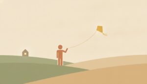 A figure flying a golden kite far from a small warm-lit house, exploring freely from the safe base of a secure attachment style