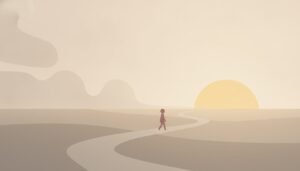 A figure walking a quiet path out of the haze toward a warm rising sun, recognizing the signs of a toxic relationship and a way forward